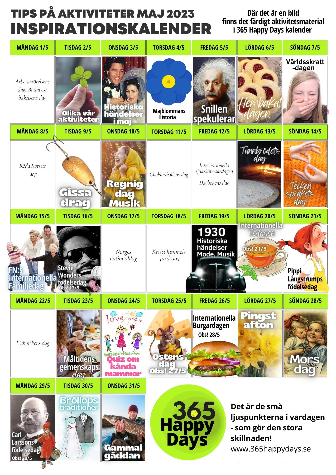 Kalender med tips på aktiviteter och temadagar maj 2023